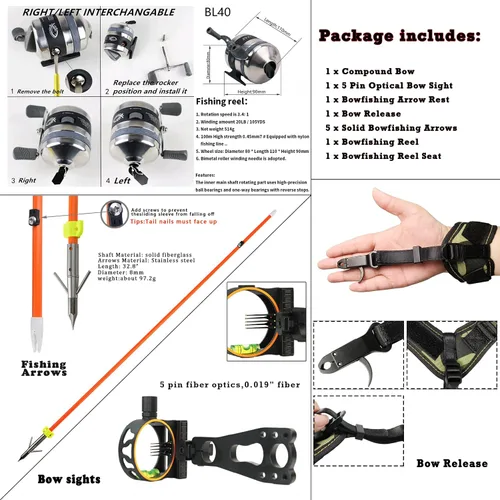 Vista 5 de Kit de arco compuesto de pesca de arco, 0-70 libras ajustable, extremidad fabricada en Estados Unidos, con carrete de pesca con arco, flechas