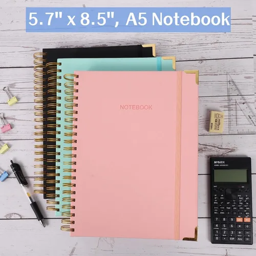 Vista 6 de Cuaderno de espiral, diario de cuero de tapa dura para mujeres y hombres, cuadernos gruesos de 300 páginas con rayas universitarias para el trabajo