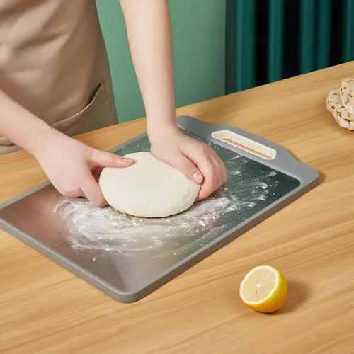 Vista 8 de Tablas de cortar de acero inoxidable para cocina, tabla de cortar de doble cara con mango, tabla de cortar inoxidable y tabla de cortar de paja