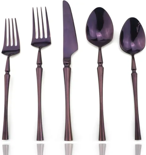 Vista 10 de JASHII Juego de cubiertos de acero inoxidable de 6 piezas, servicio para 1 juego de vajilla de cocina, elegante juego de vajilla morada, cuchillo