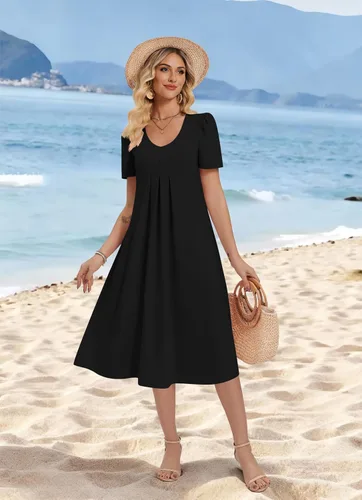 Vista 4 de Zeagoo Vestido de verano para mujer, casual, floral, midi, con bolsillos, cuello en V, plisado, manga corta, estilo alineado, para vacaciones
