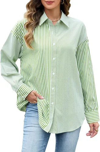 Vista 8 de Camisas a rayas con botones para mujer, de manga larga, de gran tamaño, estilo novio, blusas con cuello sin bolsillos