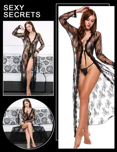 Vista 2 de Lencería para mujer sexy, largo vestido de encaje transparente vestido transparente de bata Kimono