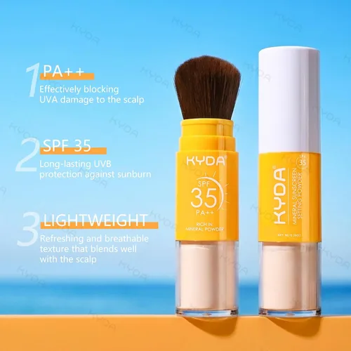 Vista 7 de KYDA Protector solar mineral en polvo para rostro y cuero cabelludo, protector solar SPF 35 para el cuero cabelludo, protector solar