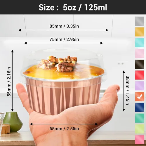 Vista 2 de EUSOAR Tazas de aluminio para hornear, paquete de 30 tazas de 5 onzas para cupcakes con tapas, moldes de pastel de 4.2 fl oz, flanes de postres