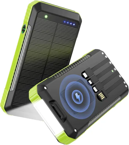 Vista 10 de Cargador portátil inalámbrico de 33800 mAh con 4 cables integrados, batería de carga rápida con 7 salidas, 4 entradas, linterna LED de campamento