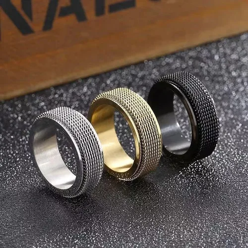 Vista 4 de HUARJO Anillo giratorio para hombres y mujeres, anillo de acero dorado y titanio negro, malla tejida personalizada, tamaño 5-12