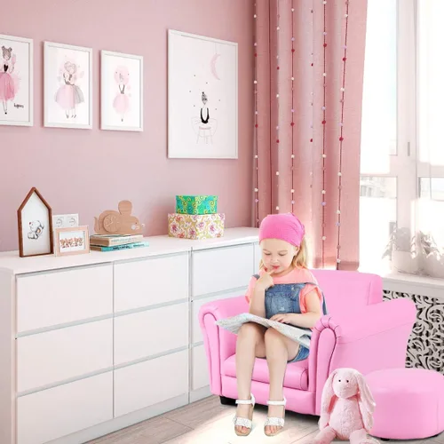 Vista 2 de Costzon Sofá para niños con reposapiés, sofá para niños con ASTM y CPSIA con superficie de piel sintética, mini reposabrazos, sofá suave para niños