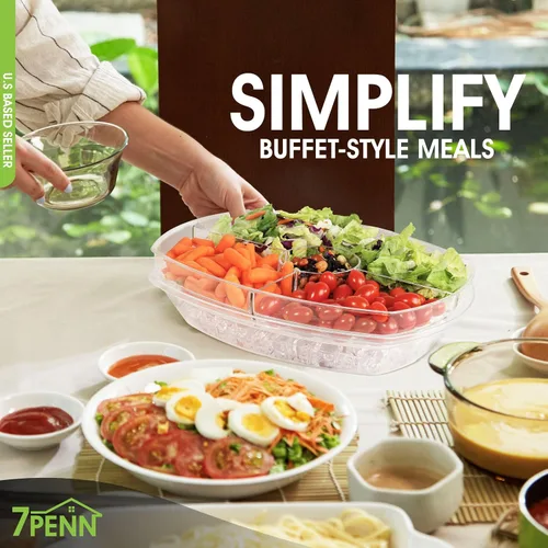 Vista 7 de 7Penn Bandeja acrílica para servir aperitivo, 4 compartimentos, bandeja refrigerada transparente con tapa abatible para bandeja de hielo