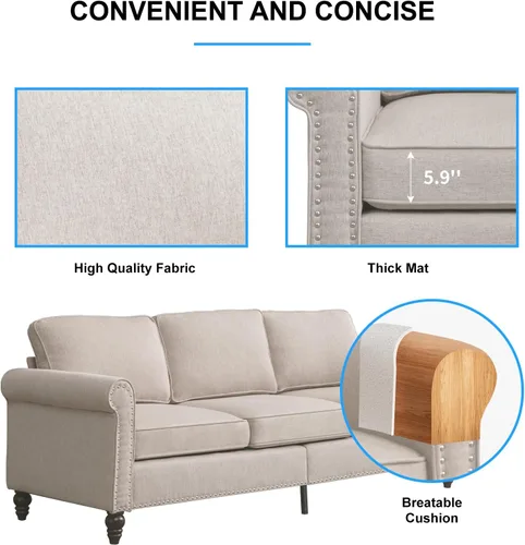 Vista 6 de PUREMIND Juego de sofá de 2 piezas para muebles de sala de estar, juego de sofá y silla de oficina moderno de lino con patas de madera maciza, sofá