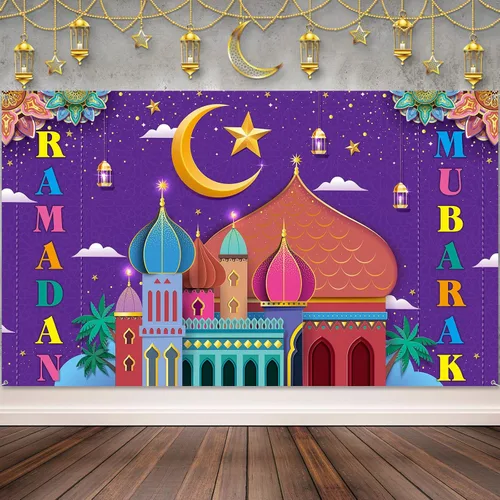 Vista 8 de Boyiee Decoración de Ramadán Mubarak, telón de fondo musulmán Ramadán Kareem, letrero de Eid Mubarak, fondo de cabina de fotos para el hogar, Negro