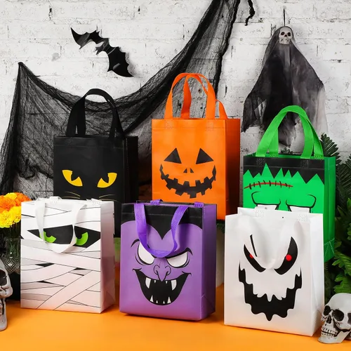 Vista 4 de Paterr 18 bolsas de dulces de Halloween, reutilizables, no tejidas, bolsas de regalo de gato, fantasma, vampiro, zombi, calabaza, con asas, a granel