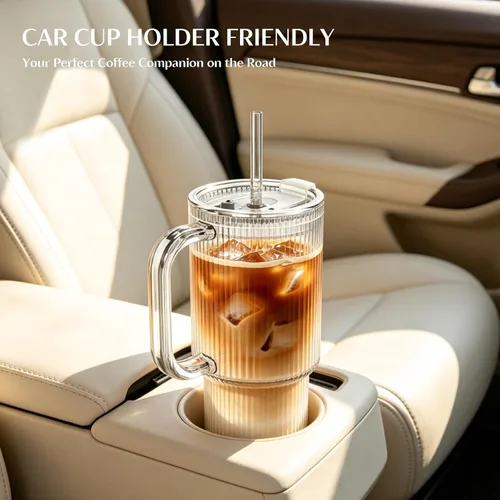 Vista 7 de INSETLAN Vaso de vidrio acanalado de 24 onzas con asa y tapa, paquete de 2 tazas grandes para café helado con pajitas, taza de vidrio moderna