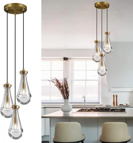 Vista 12 de Luces Colgantes Modernas de Gota de Lluvia, Luces Colgantes para Isla de Cocina, Lámpara de Comedor con Barra de Latón, Candelabro de Gota de Lluvia