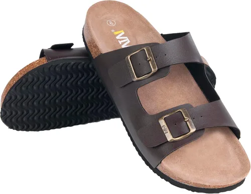 Vista 7 de WTW Sandalias con plantilla de corcho para hombre, zapatos deslizantes de playa con correa ajustable de hebilla de metal para hombre, estilo casual