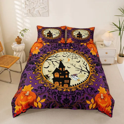 Vista 11 de Erosebridal Halloween Castle Pumpkin Duvet Cover Set Spooky Floral Cartoon Twin Bedding Sets for Girls Kids Boys Vintage Spooky Comforter Cover