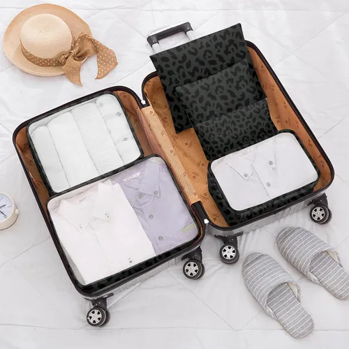 Vista 6 de Juego de 7 cubos de equipaje organizadores de viaje para maleta, accesorios de viaje con bolsa de zapatos para mujeres y niñas, estético lindo