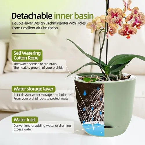 Vista 4 de QCQHDU Macetas de orquídeas de 7.2 pulgadas con agujeros para trasplantar, macetas de plástico de doble capa con riego automático para plantas