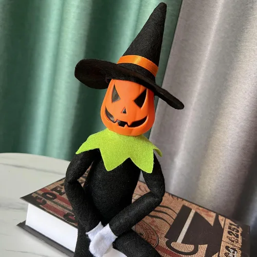 Vista 2 de DANONI Muñeca elfo de calabaza de Halloween, 14 pulgadas hecha a mano, adorno de juguete de calabaza elfo para decoración de mesa de vacaciones Verde