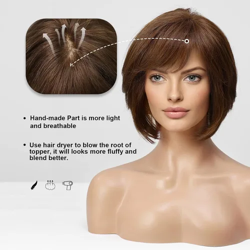 Vista 3 de EMMOR Peluca de encaje frontal atada a mano, pelucas de cabello 100% humano para mujer, peluca natural en capas, estilo ondulado diferente
