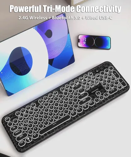 Vista 3 de Teclado de máquina de escribir con panel de piel sintética, inalámbrico de 2.4 G/Bluetooth/USB con cable, teclado mecánico estético