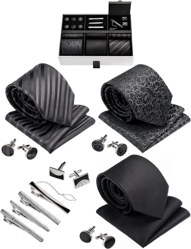 Vista 19 de Juego de corbata de regalo para hombre, corbata sedosa, bolsillo cuadrado, clips de corbata, gemelos para hombres