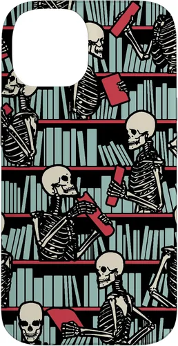 Vista 4 de iPhone 16 Bookish Public Library Skeleton Goth Librarian Books Pattern Case