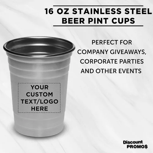 Vista 3 de Vasos de cerveza de acero inoxidable personalizados de 16 onzas, juego de 10/50/100, paquete personalizado a granel, perfecto para fiestas