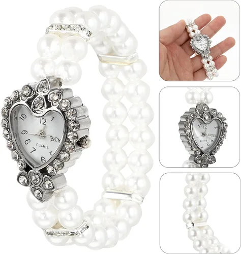 Vista 9 de Hemobllo - Reloj de cuarzo para mujer, con perlas elásticas, con esfera de corazón y diamantes de imitación, estilo casual, para niñas, regalo