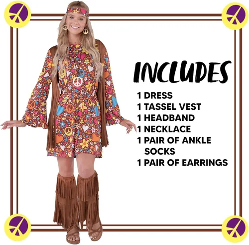 Vista 4 de Spooktacular Creations Disfraz hippie para mujer, trajes de Halloween de los años 70 para mujer, vestidos hippie para adultos para fiesta