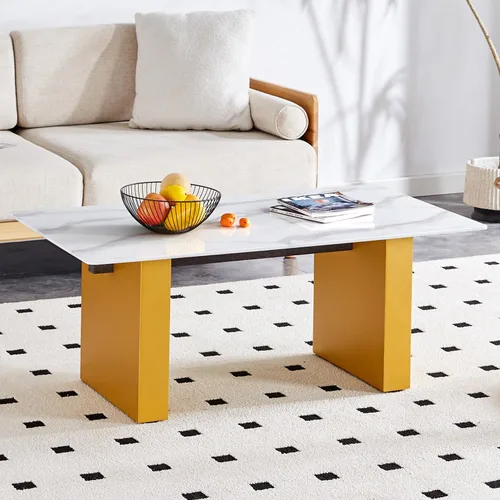 Vista 3 de Mesa auxiliar rectangular moderna con almacenamiento para sala de estar, mesa central moderna minimalista de imitación blanca, mesa de café