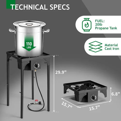 Vista 6 de Karl home Estufa de gas propano de 1 quemador para cocinar al aire libre, cocina de campamento de 75,000 BTU con patas extraíbles y regulador PSI