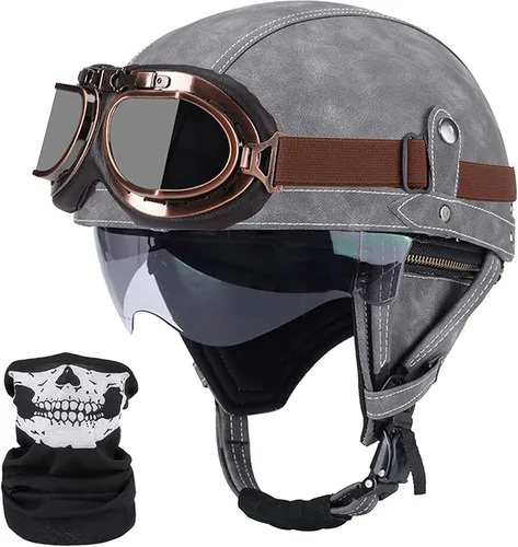 Vista 7 de Casco de motocicleta rosa, medio casco de cuero de estilo alemán, casco de motocicleta para mujer, aprobado por DOT, casco de media cara con gafas