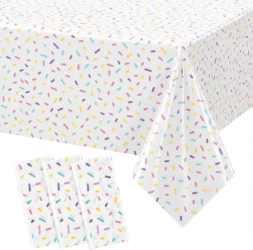 Vista 9 de Mindsoft 3 piezas de decoración de fiesta de cumpleaños con diseño de helado y sprinkles, mantel desechable con diseño de dona, mantel de plástico