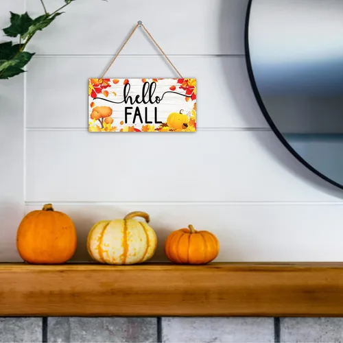 Vista 5 de Letrero decorativo con texto en inglés "Hello Fall", decoración de madera de otoño de 11.9 x 6 pulgadas, colgante de pared rústico de otoño