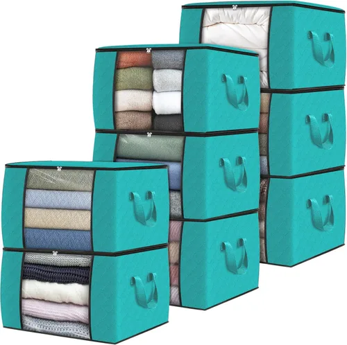 Vista 57 de Fab totes Paquete de 3 bolsas de almacenamiento plegables de tela gruesa, contenedores para organizar dormitorio, armario, ropa, edredón, Beige