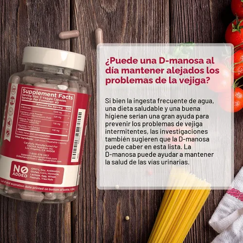 Vista 3 de Cápsulas naturales de D-manosa fórmula 4 en 1 - 120 CAPS, 1500 mg de arándano, diente de león, extracto de flor de hibisco, píldoras para apoyar