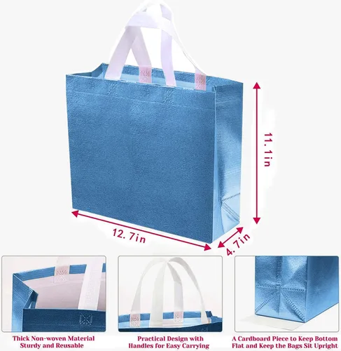 Vista 6 de Juego de 12 bolsas de comestibles reutilizables brillantes con asas, bolsa de regalo de despedida de soltera, bolsa de dama de honor no tejida