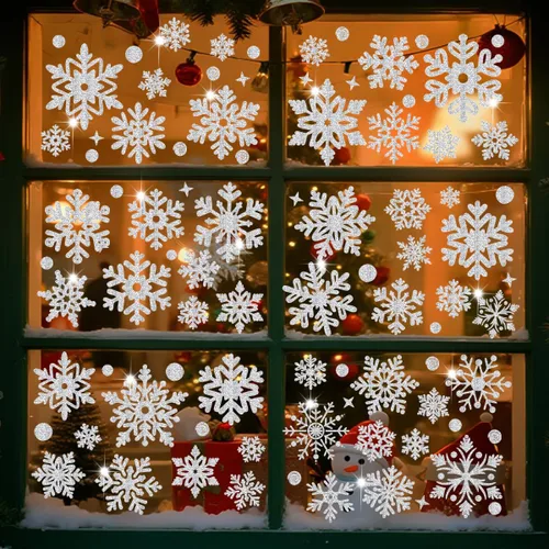 Vista 3 de 171 piezas de decoraciones navideñas para ventanas, copos de nieve plateados, calcomanías de doble cara, decoración de ventana, pared, puerta