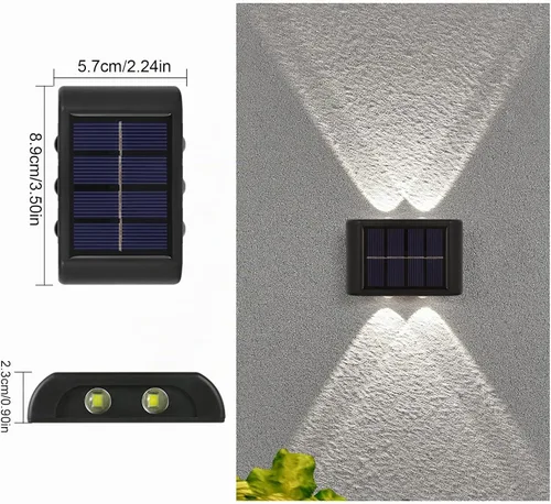 Vista 2 de MSUIINT Luces solares para valla, 4 lámparas de pared y cubierta al aire libre, 4 luces LED arriba-abajo, impermeables para casa, cubierta, escalón
