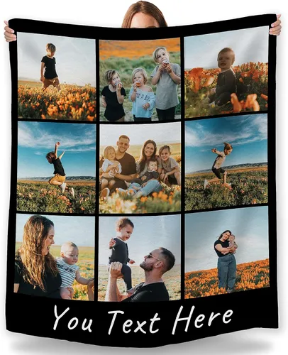 Vista 27 de Manta personalizada con foto, fabricada en Estados Unidos, 5 fotos, mantas personalizadas con imágenes propias para papá, mamá, familia, niños