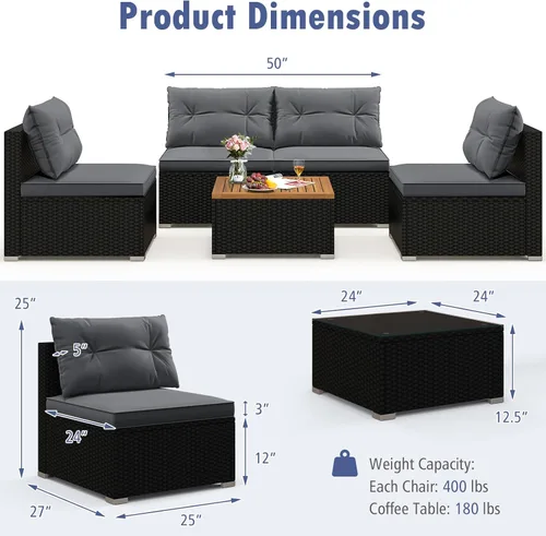 Vista 3 de RELAX4LIFE Muebles de mimbre para exteriores de 5 piezas, juego de conversación seccional de ratán PE con 4 sofás sin brazos y mesa de centro de Gris