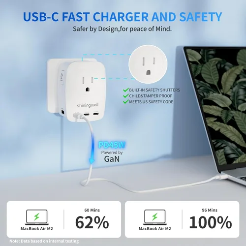 Vista 3 de Adaptador de viaje universal GaN de 45 W, adaptador de corriente internacional 7 en 1 de 2000 W con 3 USB-C (45 W PD)/2 USB-A/2 CA, enchufe mundial