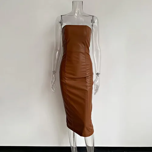 Vista 5 de XLLAIS Vestido sexy sin tirantes para mujer, vestido midi para club, hombros descubiertos, vestido de cuero sintético para fiesta