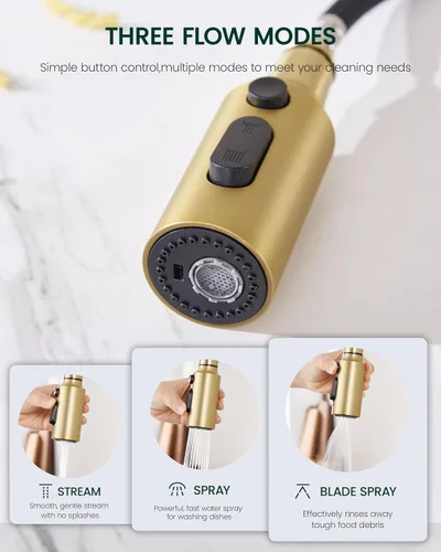 Vista 2 de Cabezal rociador desplegable para fregadero de cocina, repuesto con 15 adaptadores, boquilla rociadora de grifo extraíble de 3 funciones, oro Oro