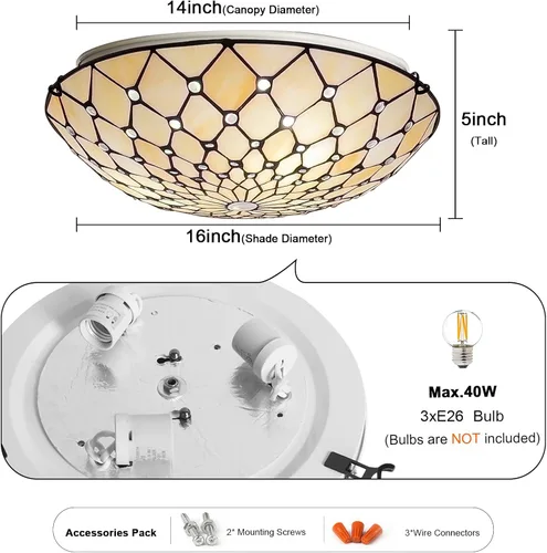Vista 7 de ARTZONE Tiffany - Lámpara de techo empotrada, 16 pulgadas de ancho con vitrales para dormitorio, sala de estar, entrada, vestíbulo, 3 luces..