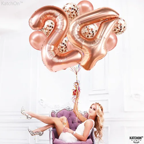Vista 7 de KatchOn, Globos de oro rosa con el número 24, 40 pulgadas, globos de cumpleaños 24 para mujer, globos del número 24 con globos de confeti