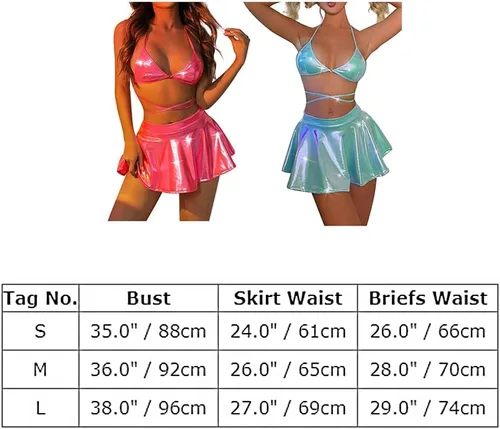 Vista 7 de Conjunto de traje metálico para rave para mujer, top corto brillante, falda de brasier, festivales de música, Halloween, cosplay, disfraz