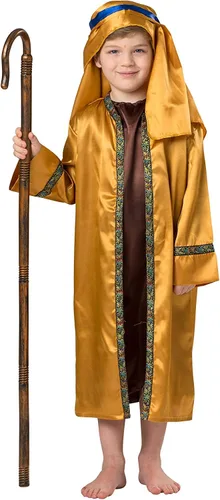 Vista 3 de Dress Up America Disfraz de pastor para niños, conjunto de disfraz bíblico para niños, disfraz de pastor marrón y dorado para niños