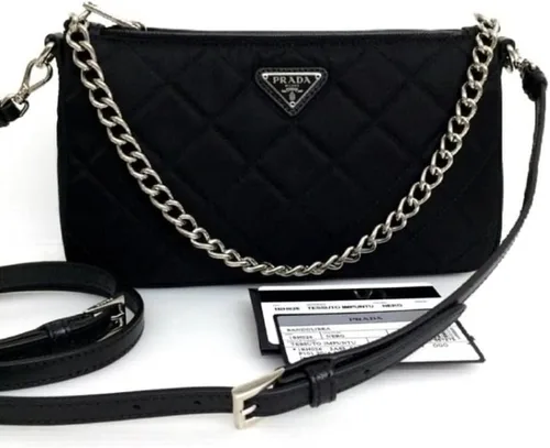 Vista 5 de Prada Bolso de hombro convertible negro con cadena de nailon Tessuto acolchado 1BH026, Negro
